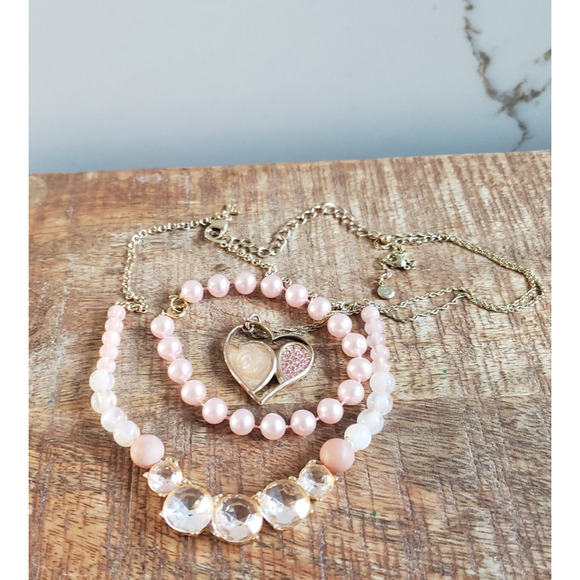 Jewelry Lot 3pc Lauren Conrad Two Tone Heart Banana Republic Pink Rhinestones - Picture 1 of 7